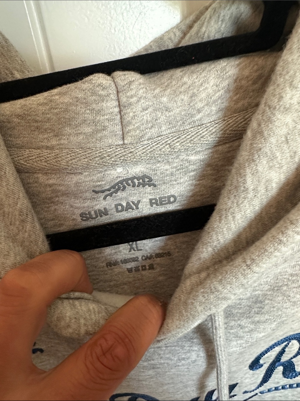 Sun Day Red Heather Gray Hoodie Sweatshirt with Blue Script and Red Number - Picture 2 of 2